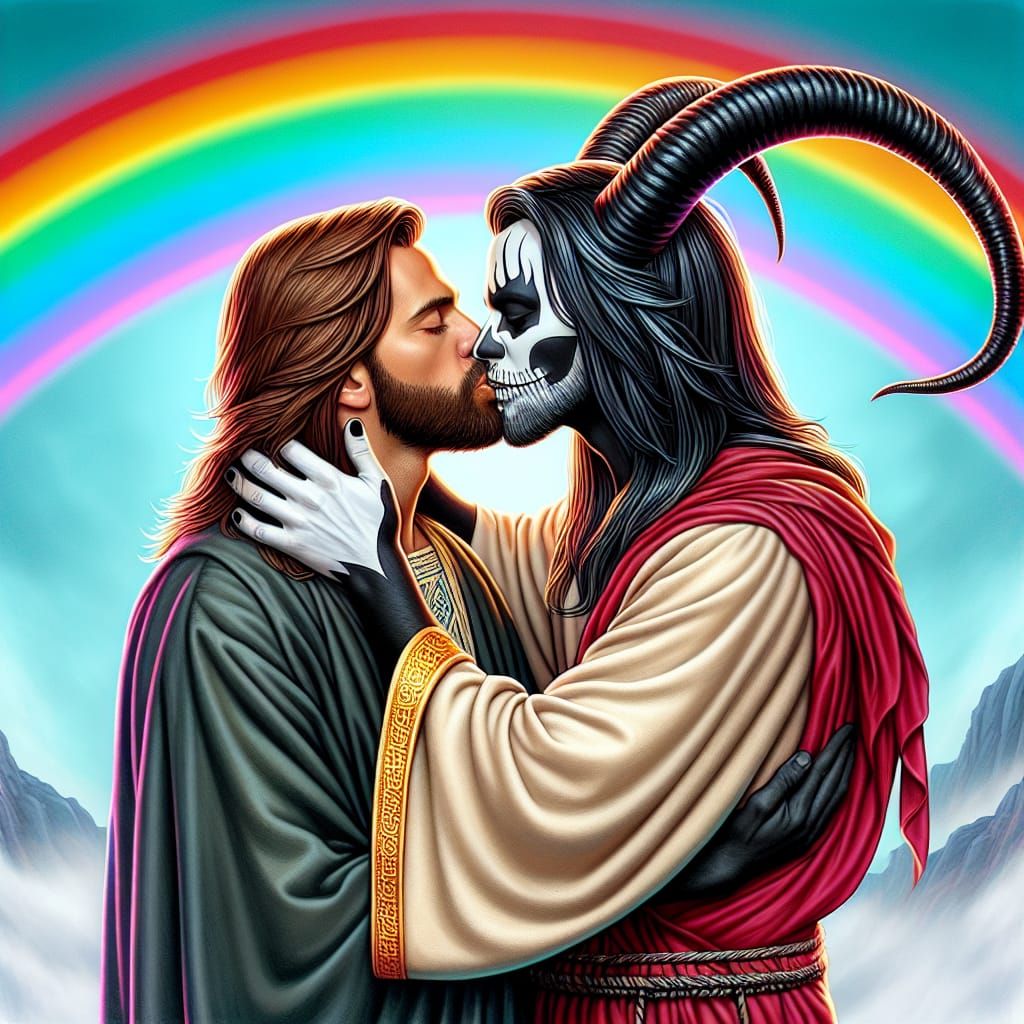 Biblical Man Embraces Horned Figure with Rainbow