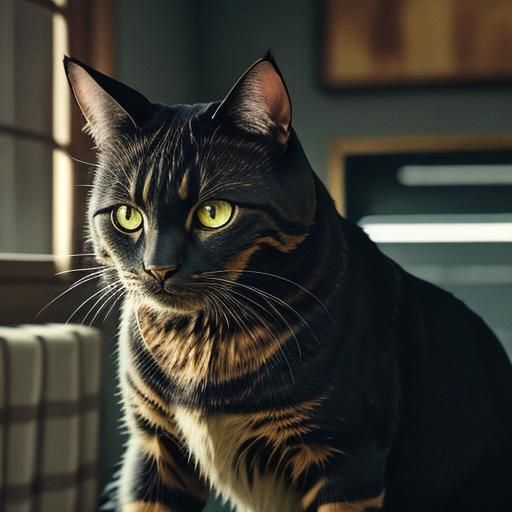 Superhero Cat in Cinematic Film Still