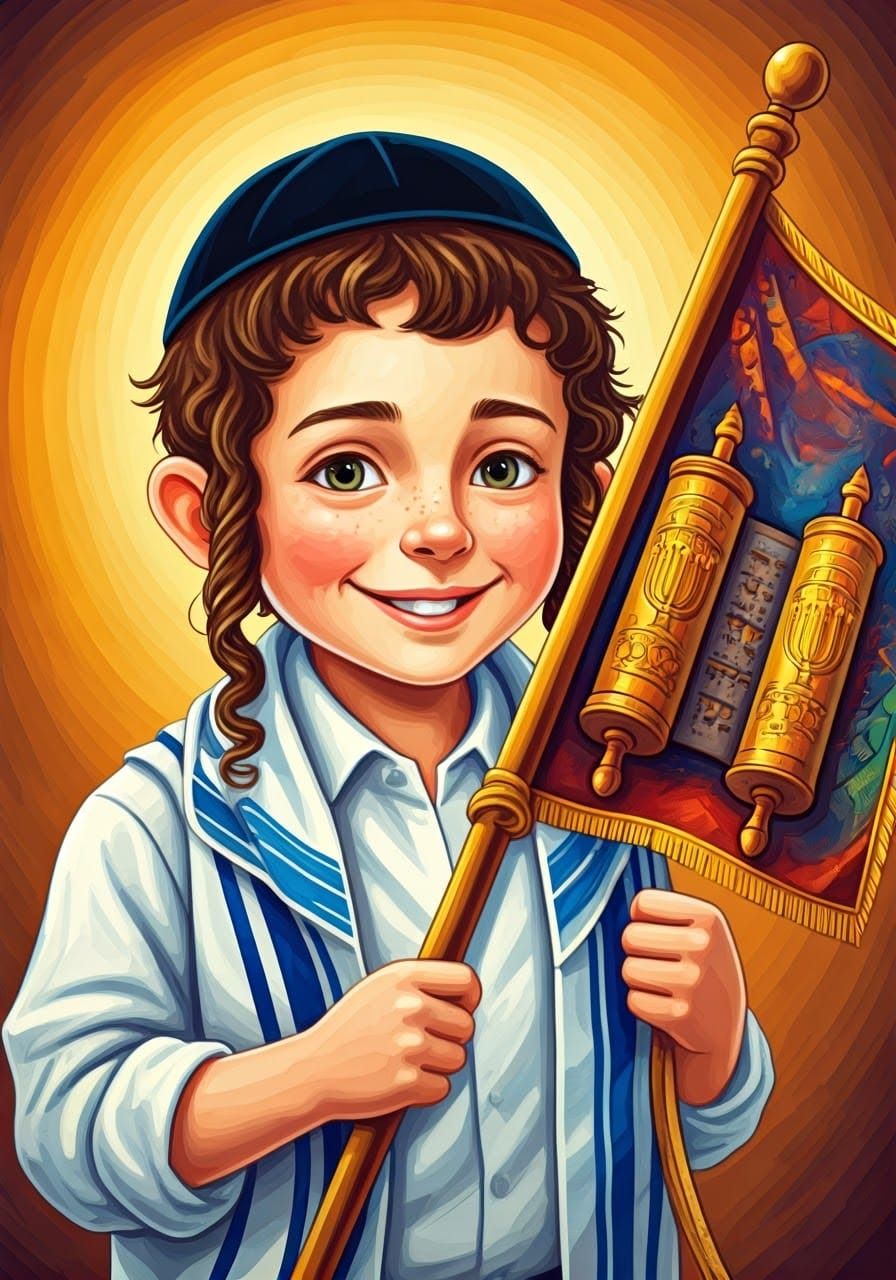 Joyful Boy Celebrates Simchat Torah in Jewish Folk Art Style