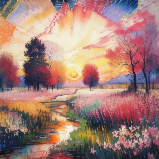 Encaustic Spring Landscape with Alcohol Ink Sunset