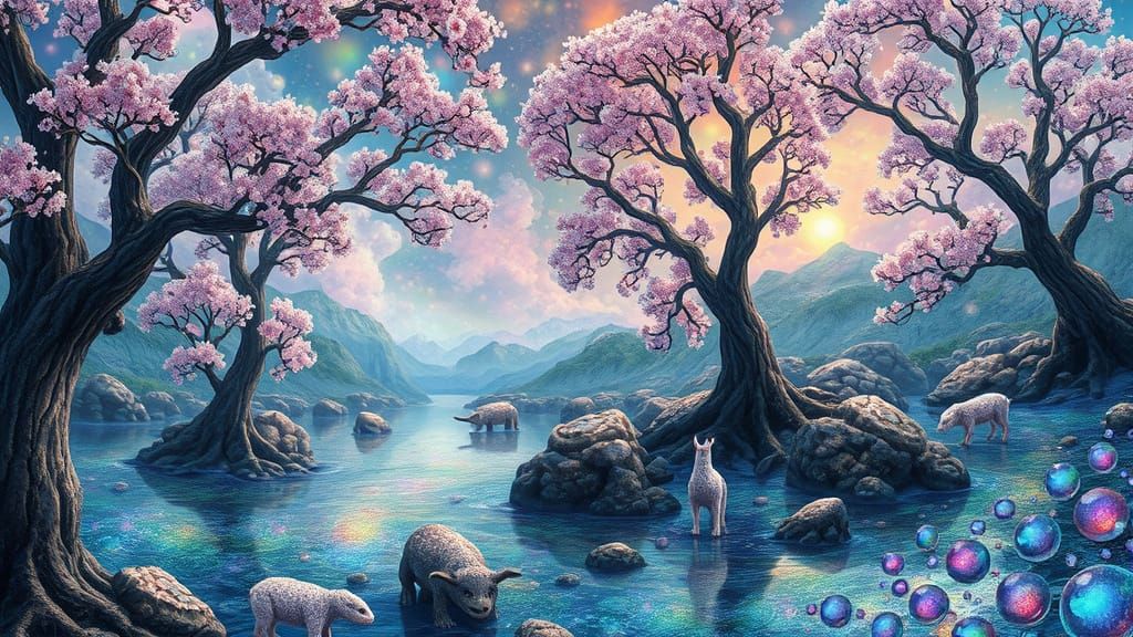 Surreal Landscape with Crystal Leaves and Liquid Opal Rivers...