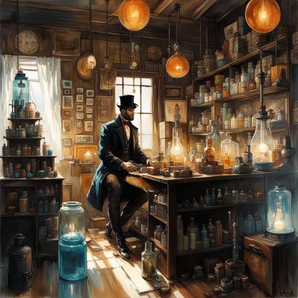 Alchemist and Salamander in Whimsical Watercolor Style