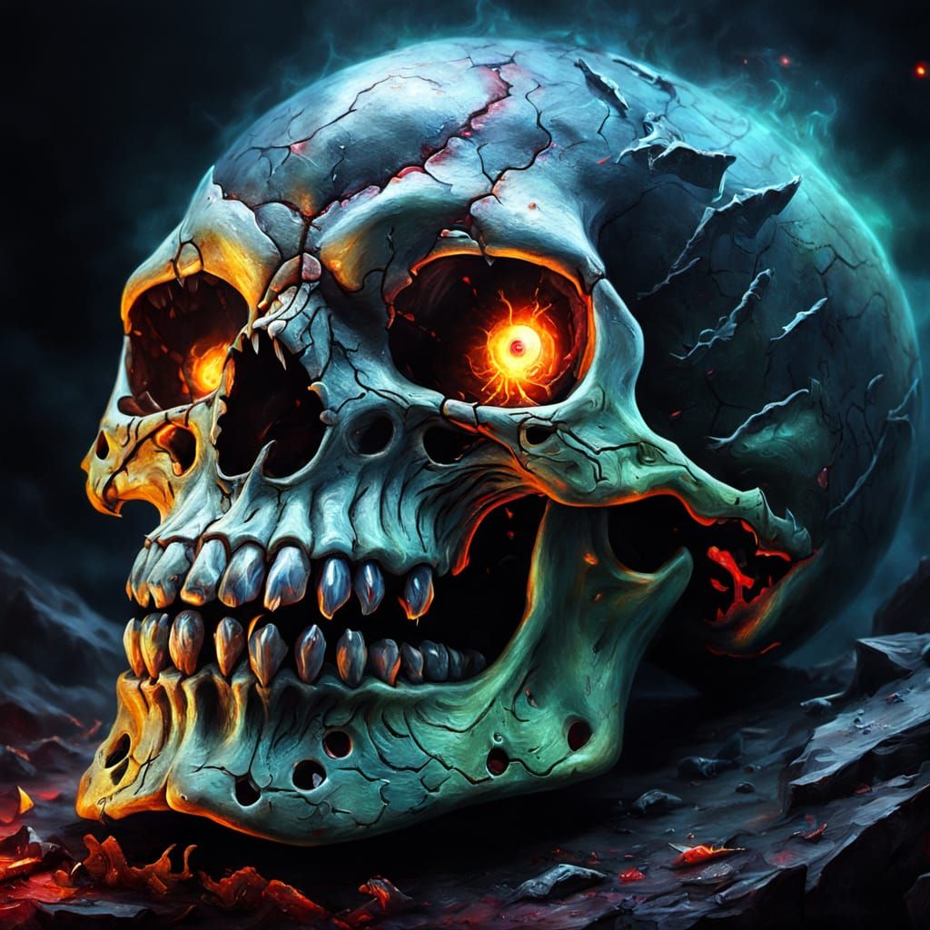 Skull Crushing Creature in Dark Fantasy Oil Painting