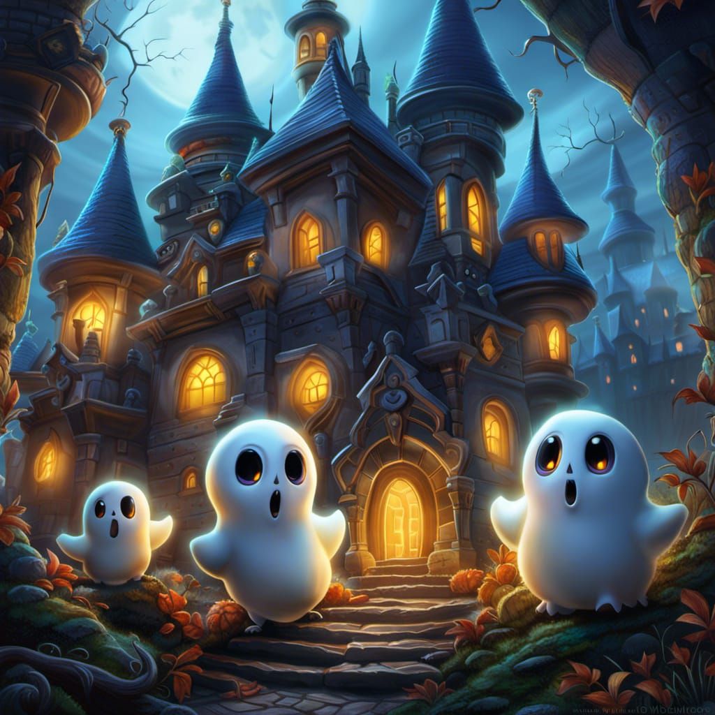 Cute Ghosts Outside Haunted Castle in Fantasy Art