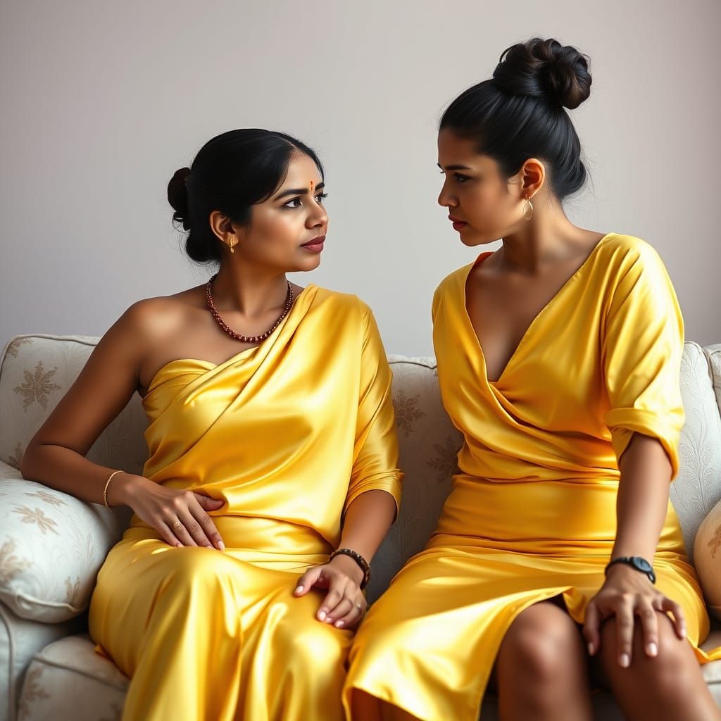 Indian Woman in Yellow Silk Outfit on Sofa