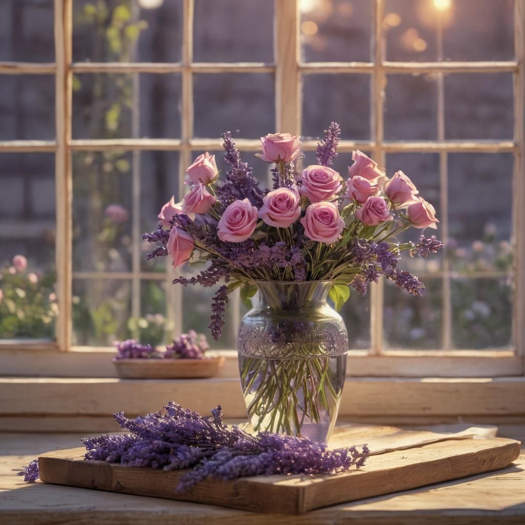 Sunset Bouquet Still Life with Roses and Lavender