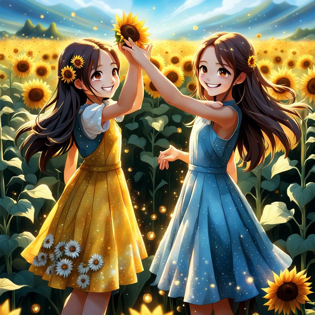 Anime Girls High Five in Sunflower Field