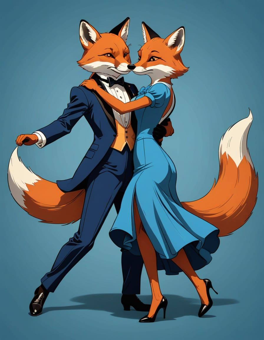 Cartoon Foxes Tango in Elegant Style