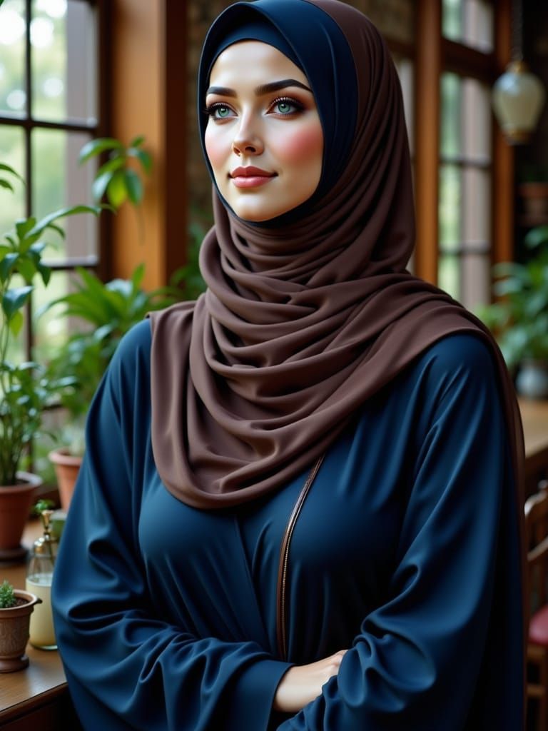 Hijabi Woman in Cozy Planted Room, Art Nouveau Style