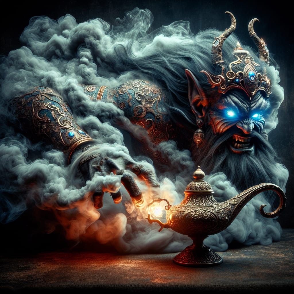 Fierce Genie Emerges from Lamp in Dark Fantasy Art