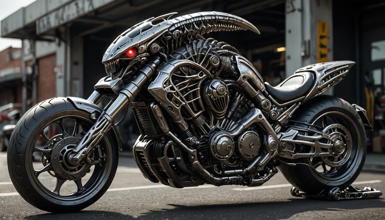 Bio-Mechanical Alien Xenomorph Superbike: Sci-Fi Horror Art