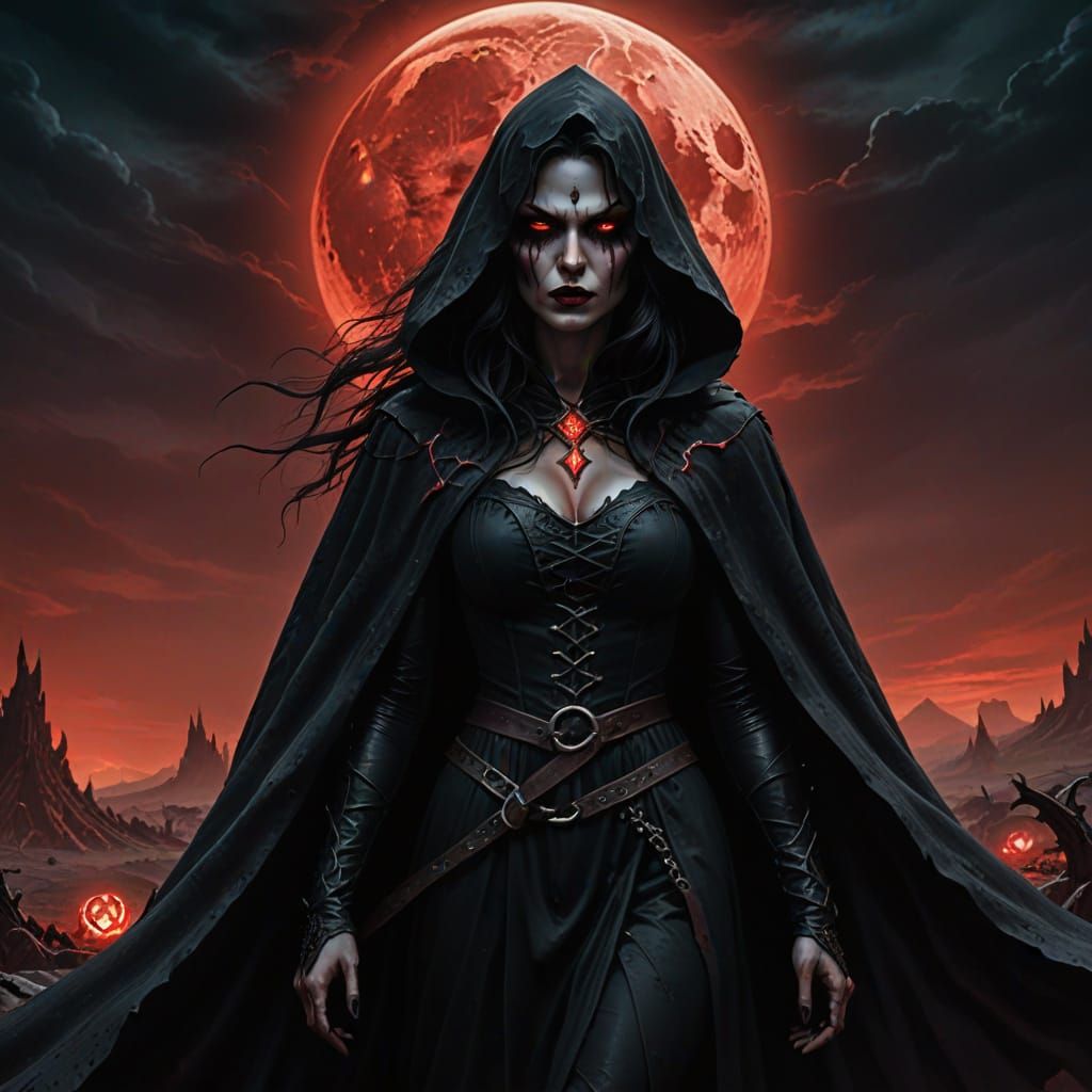 Mega-Witch in Cursed Wasteland Under Blood Moon