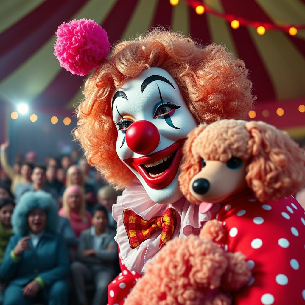 Vivid Clown Performance with Poodles, Comic Book Style