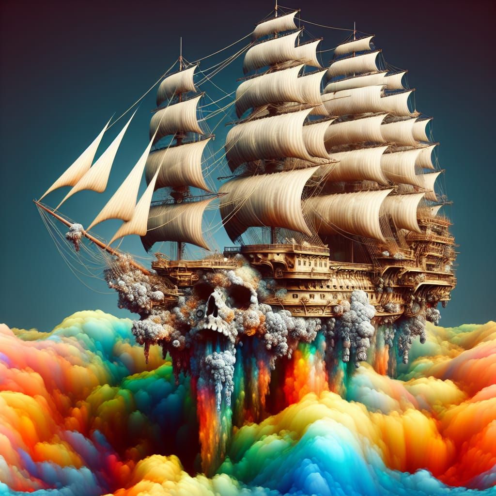 Steampunk Skull Ship Sailing on Rainbow Cloud