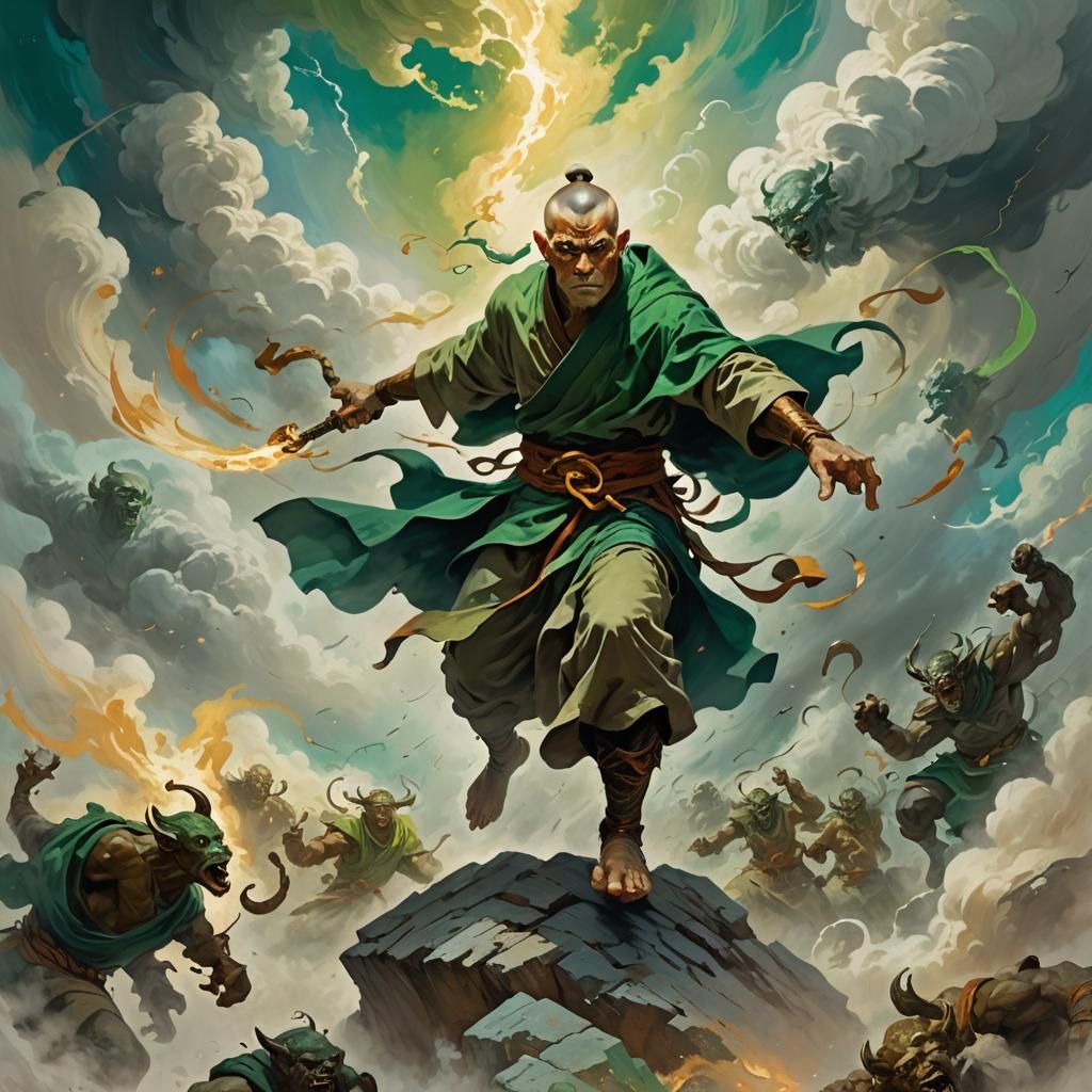 Dynamic fantasy concept art. Low-angle medium shot. Monk with vibrant green eyes in a dynamic pose in a grey abstract wo...