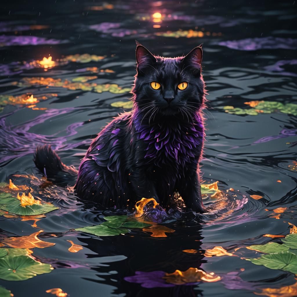Cat Swimming in Black Water: Digital Matte Painting