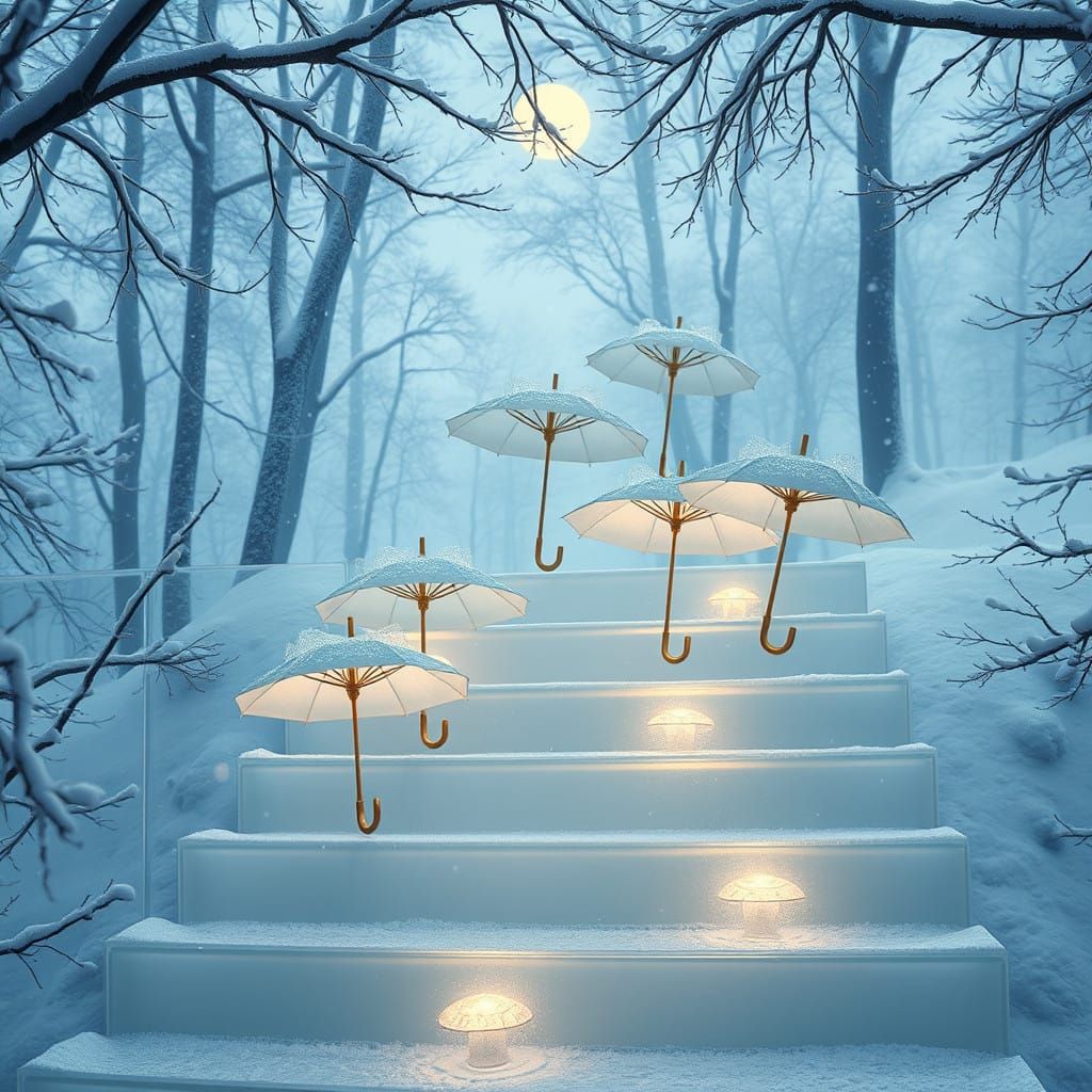 Delicate White Umbrellas on Glass Stairs in a Frosty Winter...