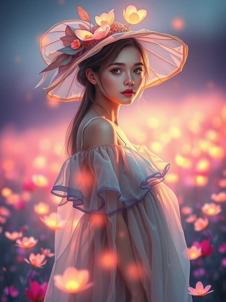 Surreal Fantasy Goddess in Vibrant Floral Landscape
