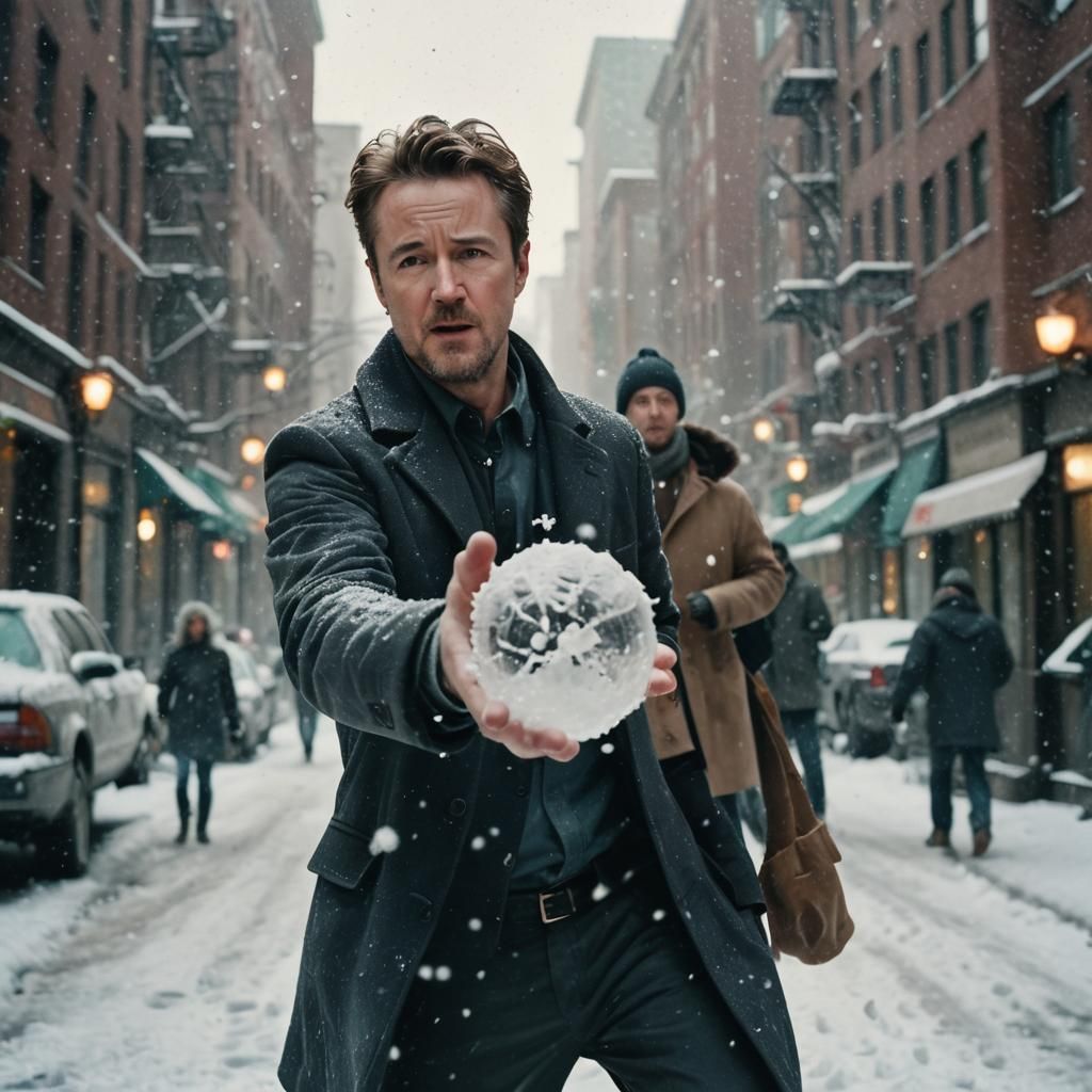 Snowball Fight: Cinematic Film Still in Snowy City