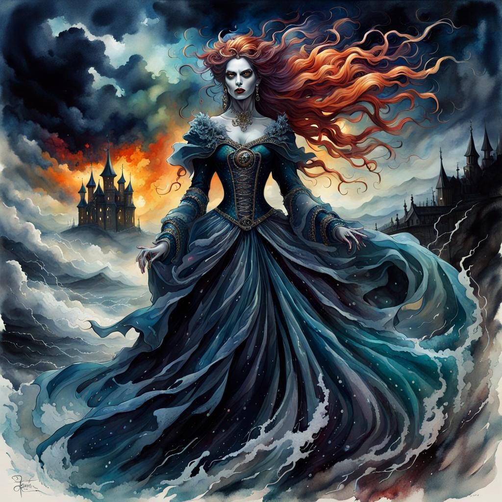 Eerie Demon in Storm, Bleeding Watercolor Art