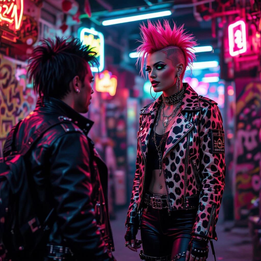 Trans Woman and Punk Rocker in Neon Lit Bar