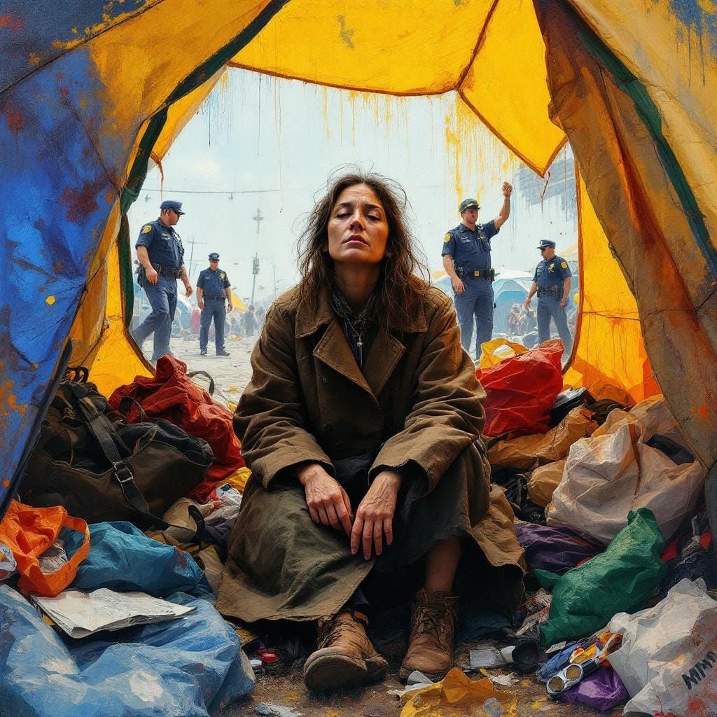 Homelessness: Vivid Impressionist-Style Tent City