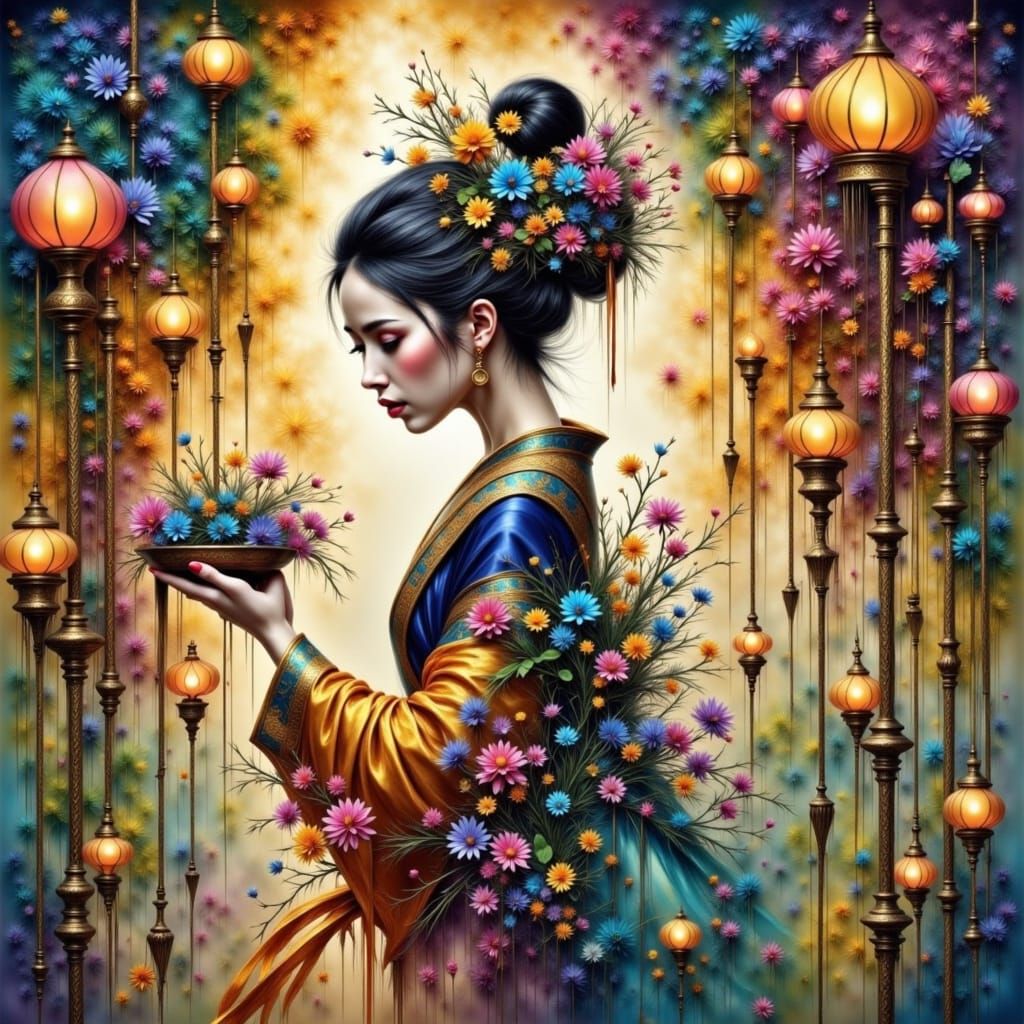 Vibrant 3D Oriental Landscape with Pagodas and Lanterns