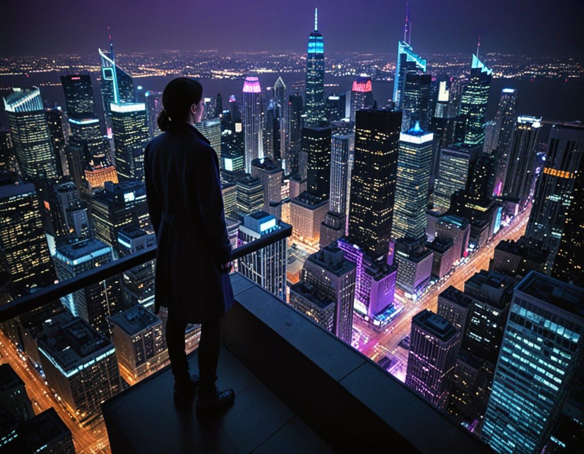 Vertigo Art: Lone Figure Gazing at City Lights