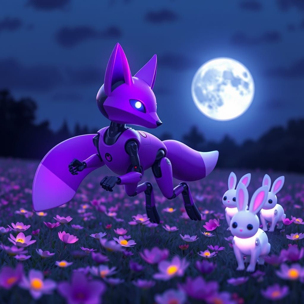 Moonlit Whimsy: Purple Fox Robot Runs with Robot Bunnies in ...