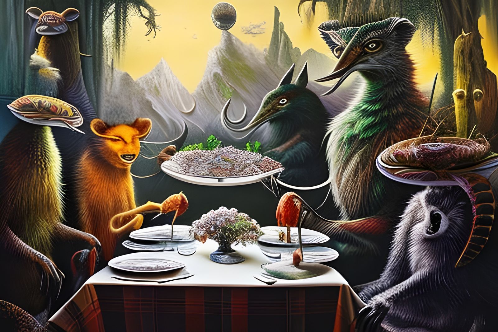 Surreal Dinner Party: A Detailed Pencil Sketch