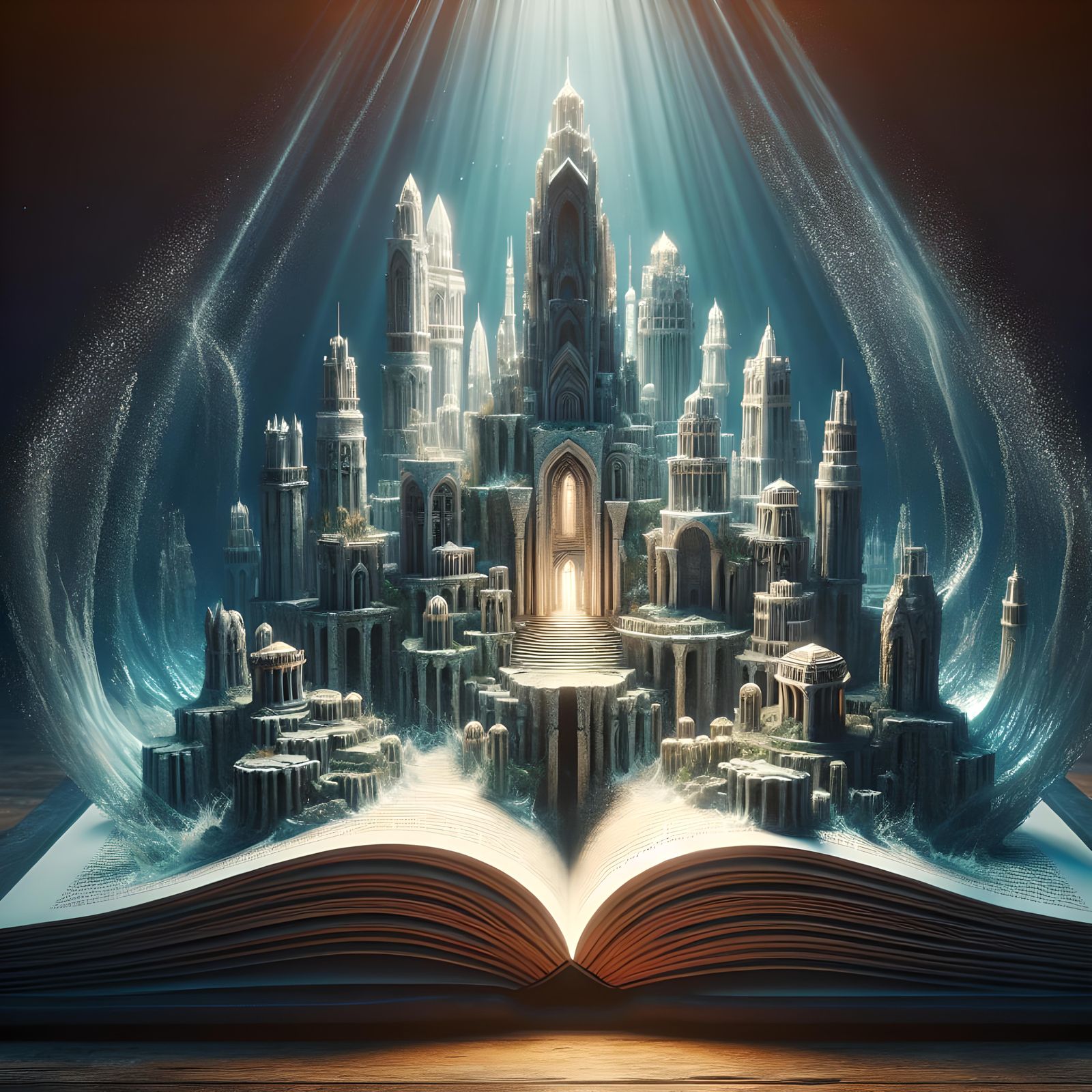 an open book reveals a stunning 3D model of the lost city of Atlantis. Envision the pages of the book unfolding to unvei...