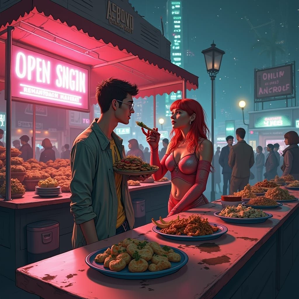 Intergalactic Couple at Alien Market Food Stall