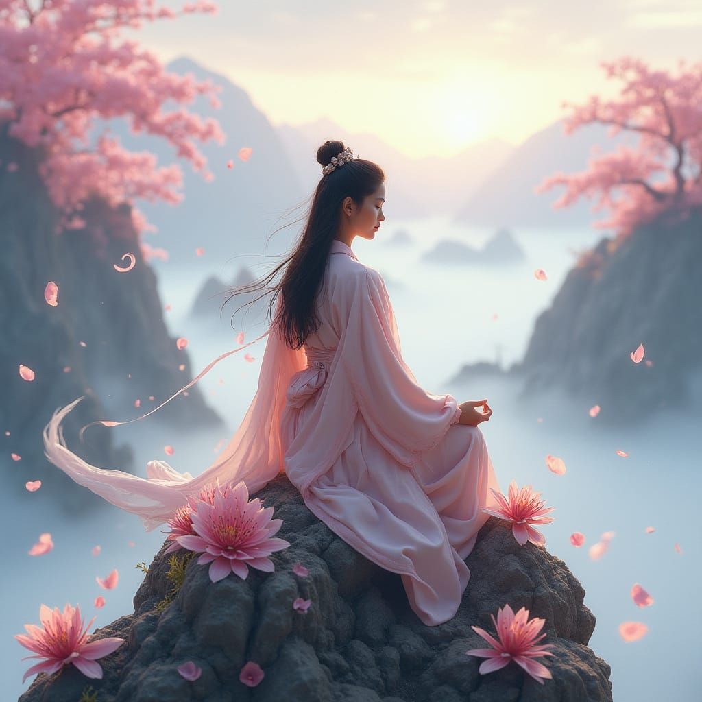 Asian Warrior Meditation with Cherry Blossoms