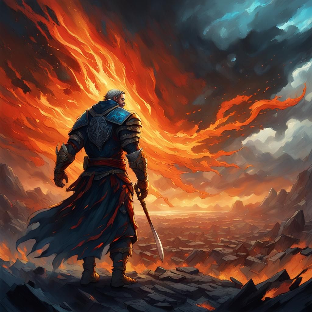 Scarred Hero Fills the Vengeful Sky in Epic Fantasy Art