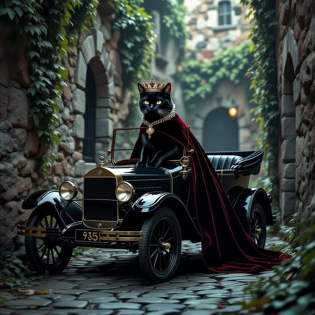 Regal Black Cat on Vintage Car in Cobblestone Alley