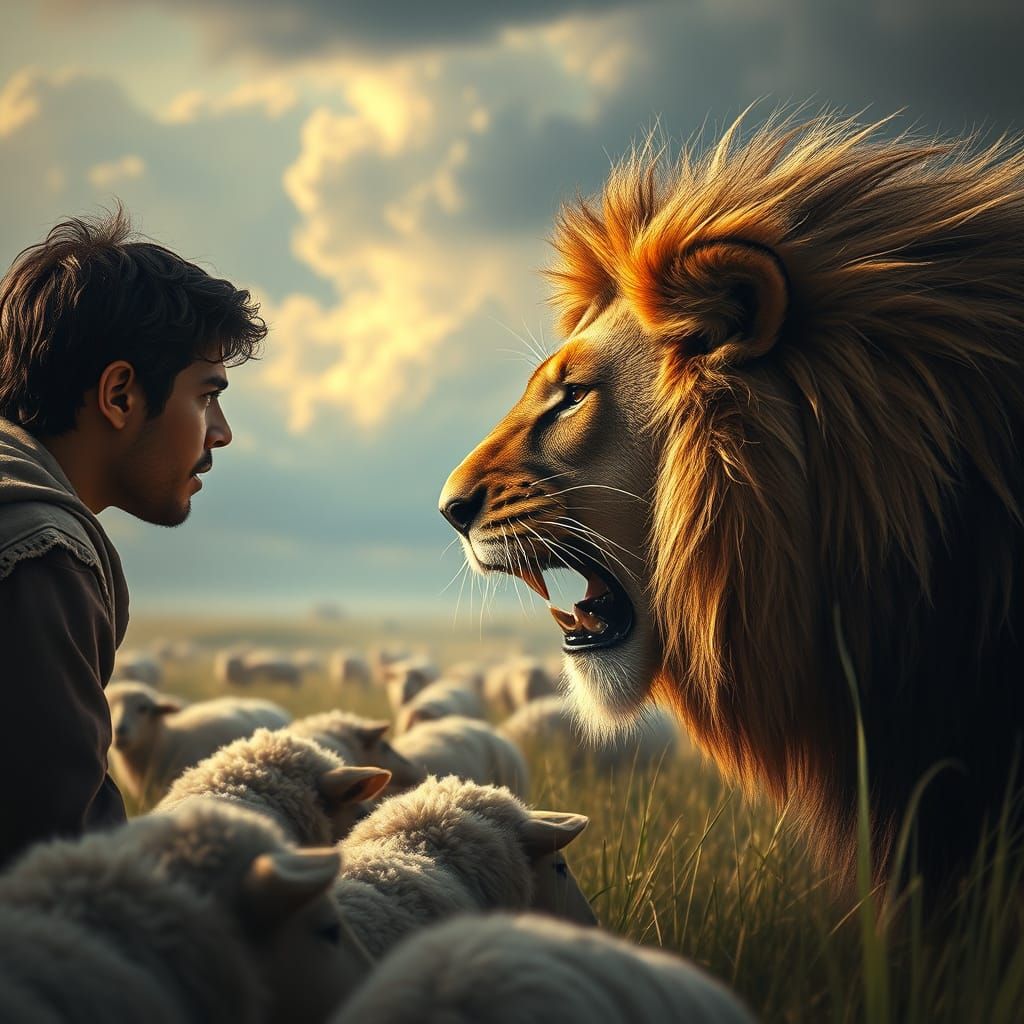 Young Israelite Shepherd Faces Majestic Lion in Epic Digital...