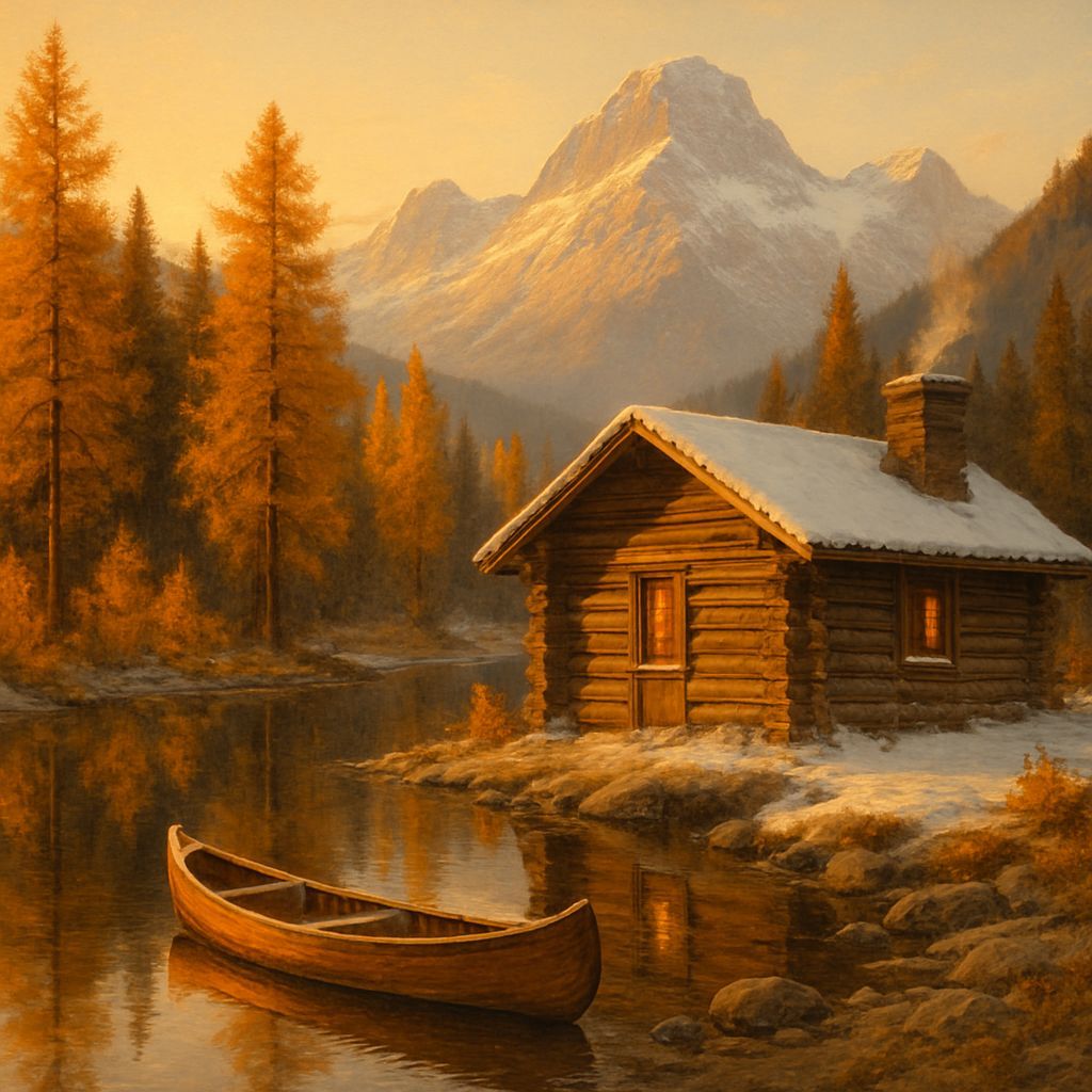 Rustic Log Cabin in Alpine Lake at Dawn