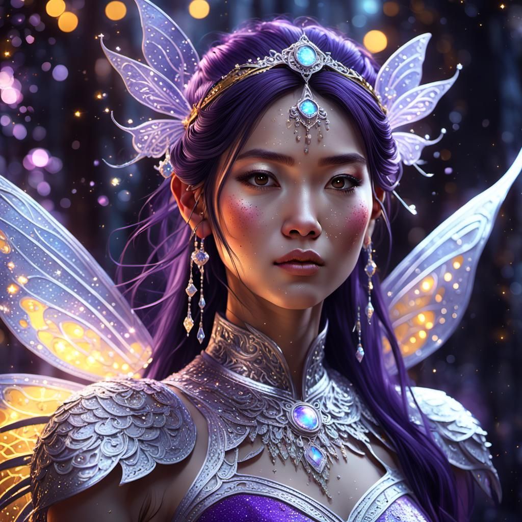 Beautiful fantasy world asian woman and glimmering shimmering silver fairy dust sparkles