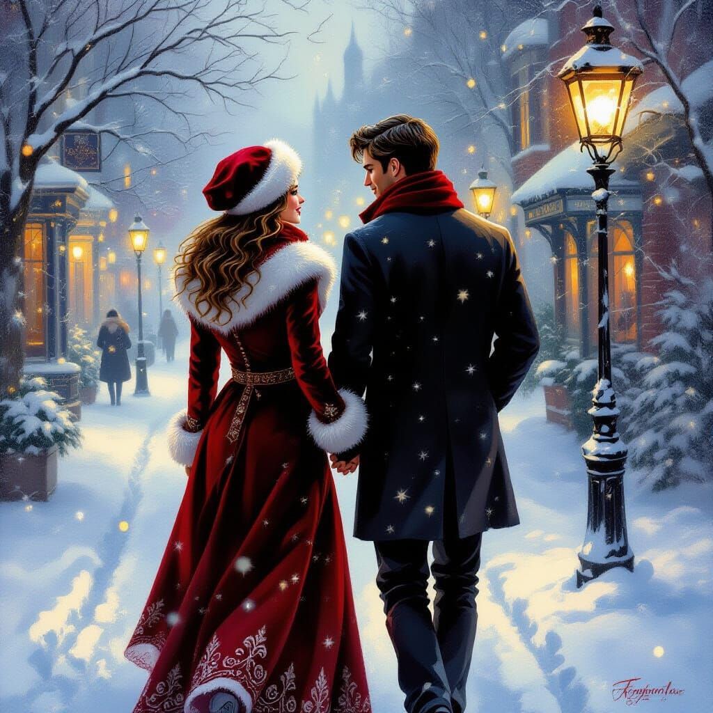 Romantic Couple Walking in Snow Oil Painting