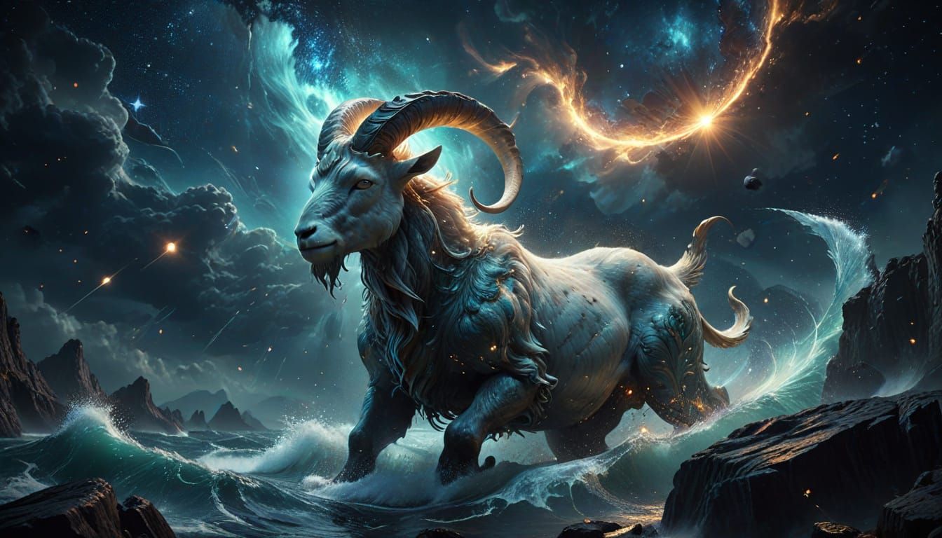 Majestic Sea-Goat Ascends Starry Celestial Cliff