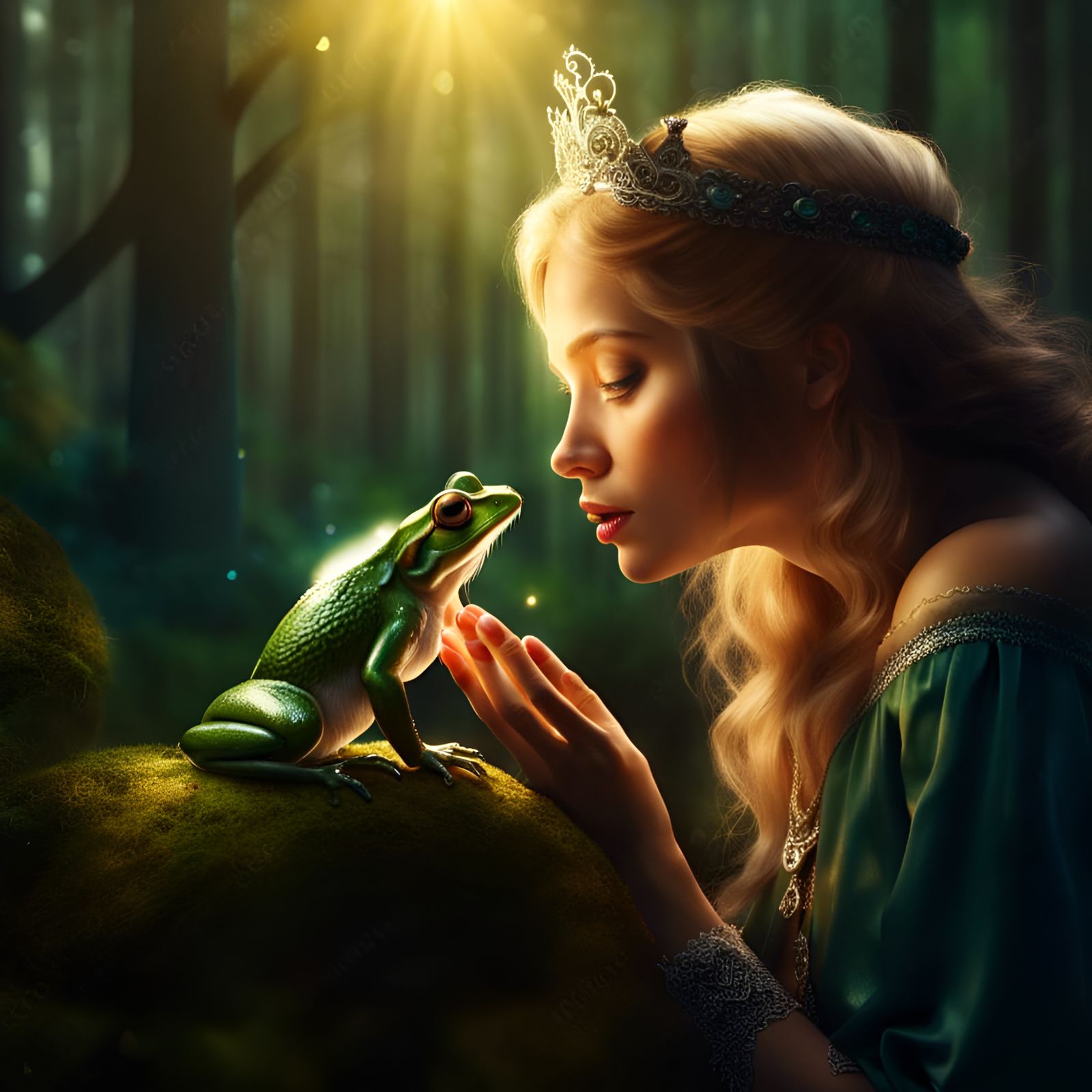 Fairytale Princess Kissing a Frog in Forest