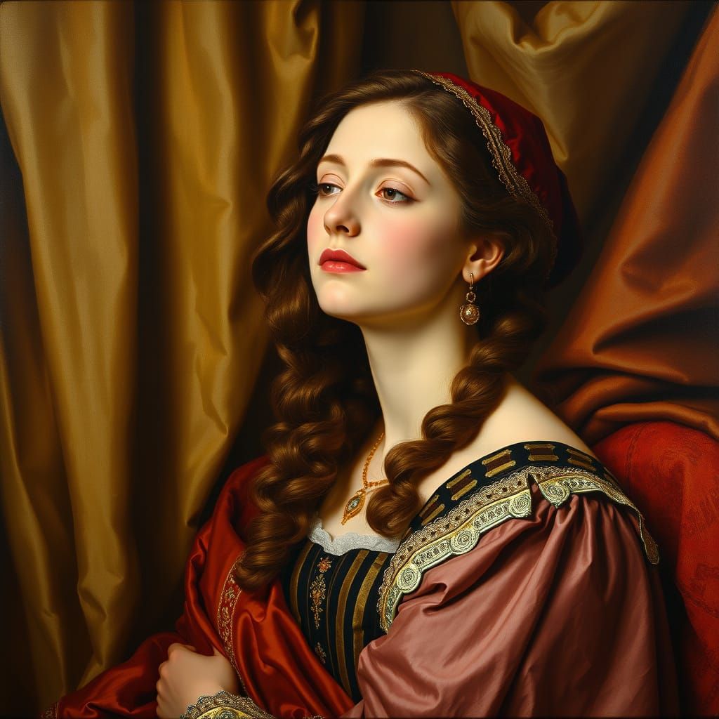 Serene Woman in Elegant Attire, Oil Painting