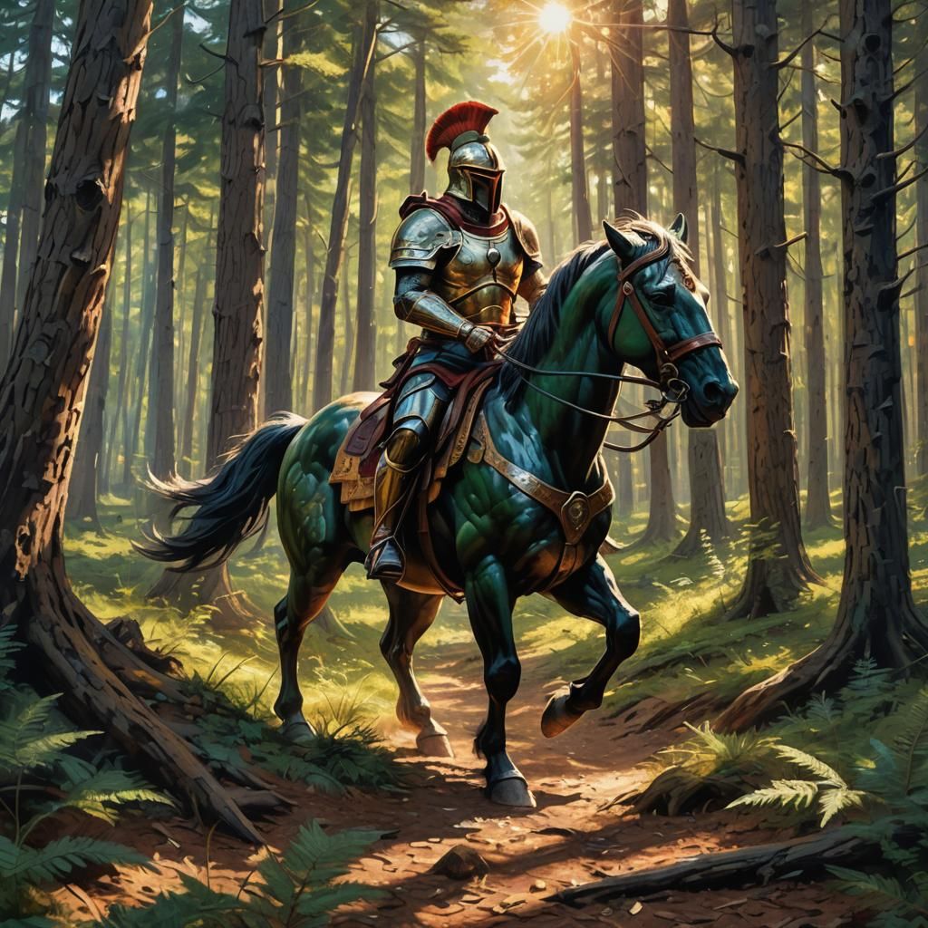 Spartan Warrior Rides Through Sunny Forest