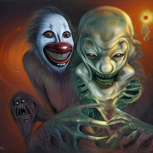 Horrifying Clown Alien Creature: A Cosmic Sci-Fi Painting