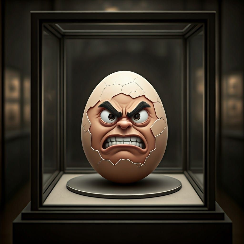 Angry Cracked Egg Trapped in Glass Case