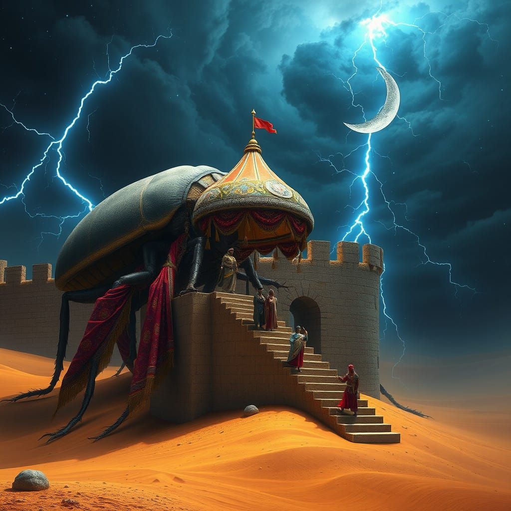 Colossal Flea Guards Mystical City in Ancient Desert Fortres...