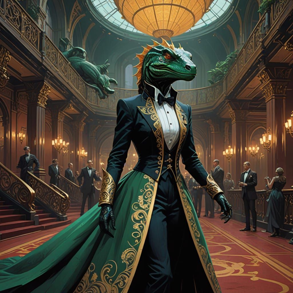Fantastical Masquerade Ball Scene with Komodo Dragon