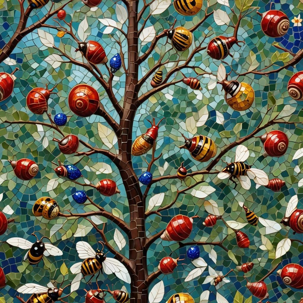 Red Snails and Bees Mosaic in Dreamlike Style