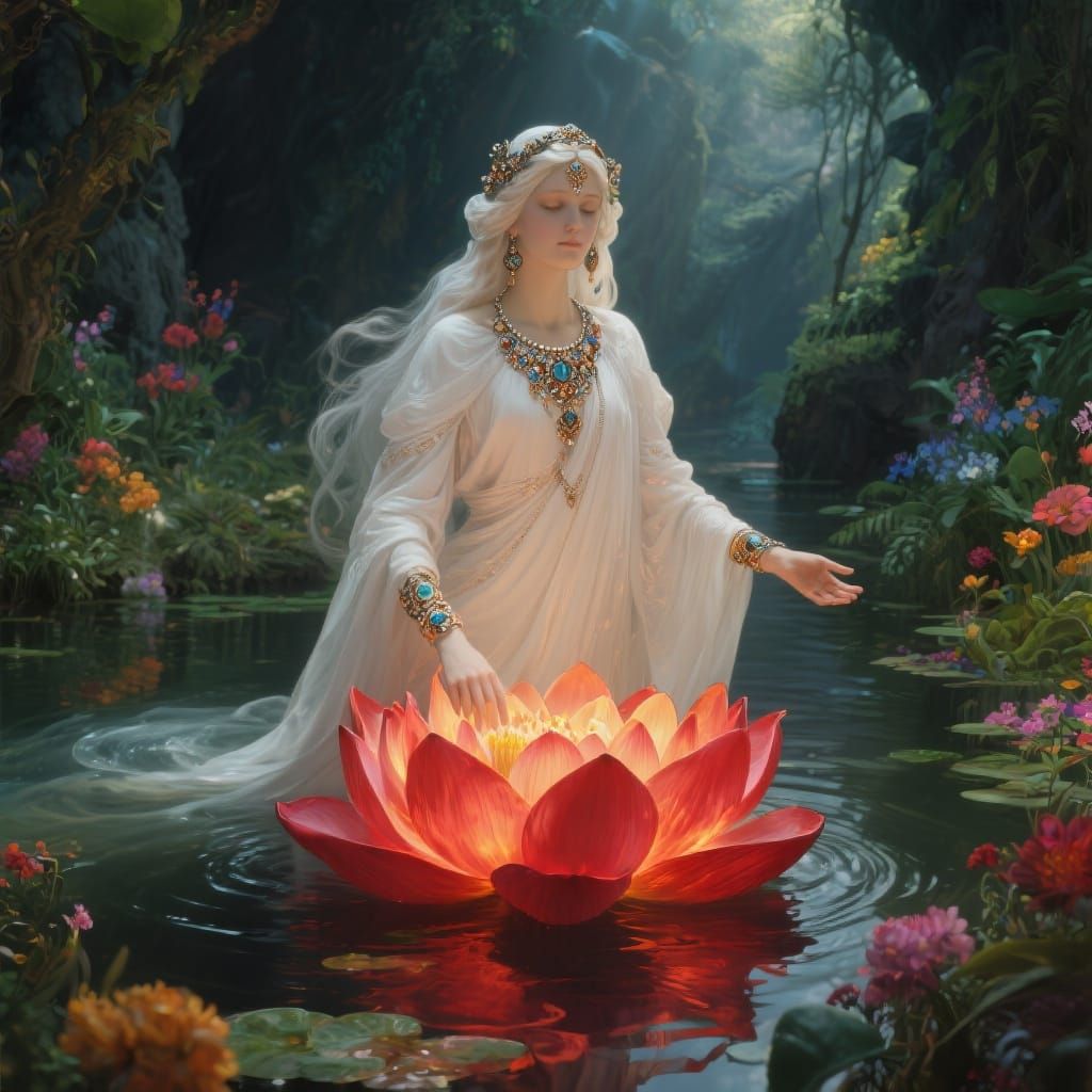 Goddess Emerges from Lotus Flower, Art Nouveau Style