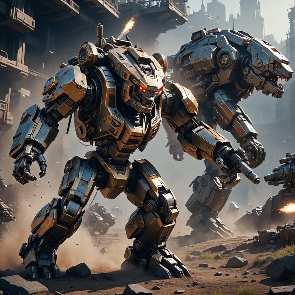 Bear Mechs Fighting with Cannons in Sci-Fi Style
